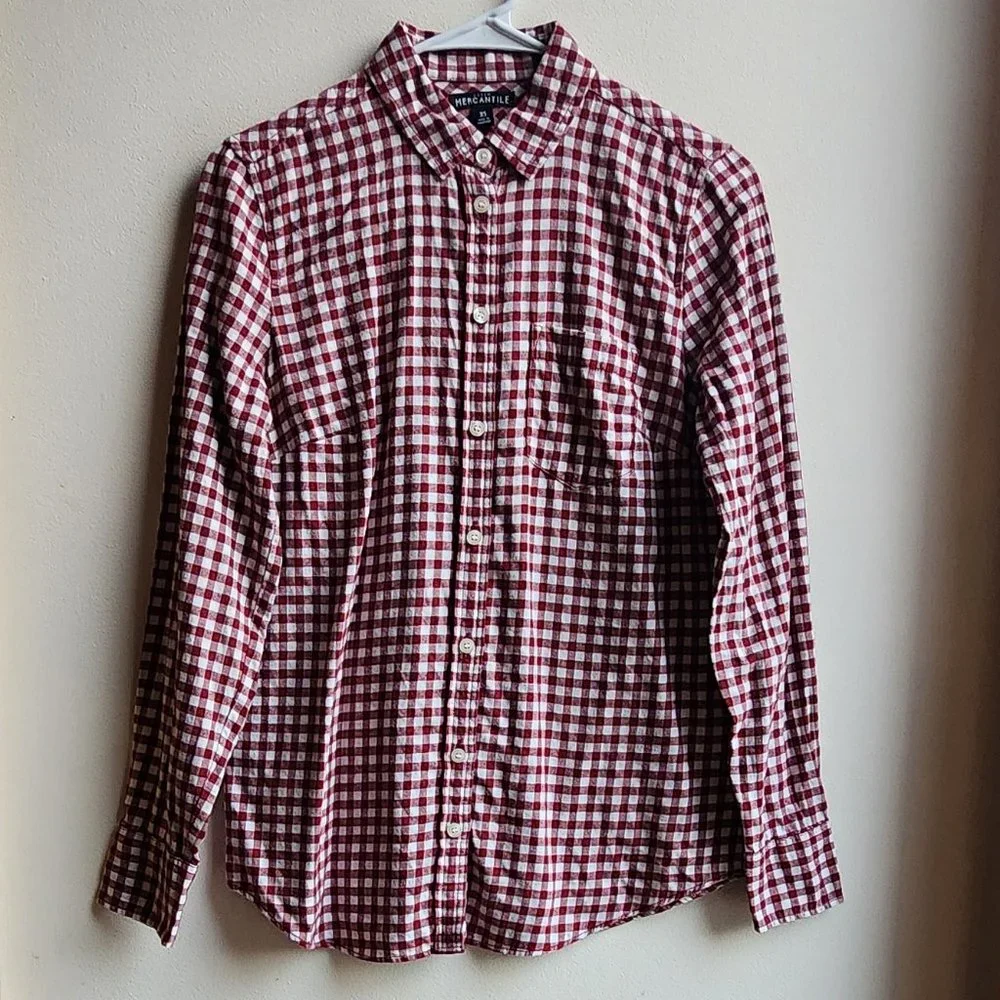 J. Crew Mercantile Red/White Gingham Flannel Button Down Shirt Size XS